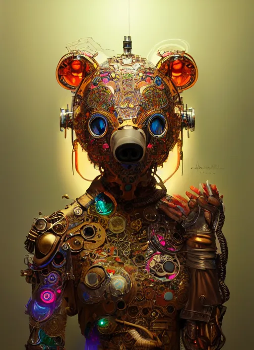 Image similar to organic cyborg, asian brightly coloured bear mask opening, diffuse lighting, fantasy, intricate, elegant, highly detailed, lifelike, photorealistic, digital painting, artstation, illustration, concept art, smooth, sharp focus, art by John Collier and Albert Aublet and Krenz Cushart and Artem Demura and Alphonse Mucha