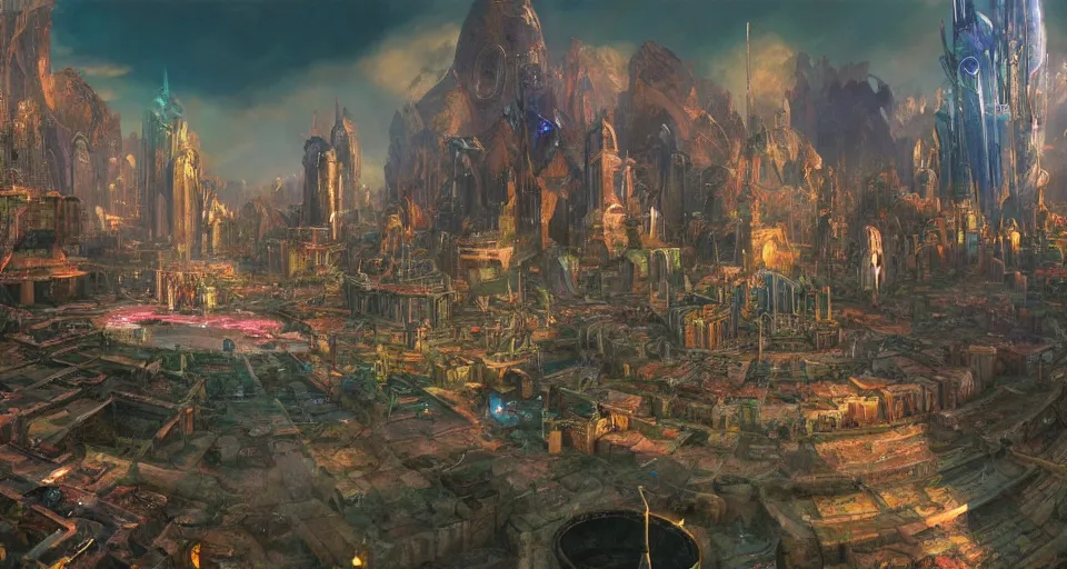 Image similar to A panoramic photo of gameplay from a videogame painted by James Gurney. Ground level perspective. Within a crystalline fantasy city populated by strange citizens. Matte painting. Fantastic incredible intriguing mysterious engaging impressive masterpiece lighting. Colorful environment, rule of thirds, symmetrical balance, depth layering, polarizing filter, Sense of Depth, AI enhanced