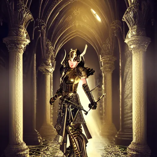 Image similar to female Knights of Zodiac , wings, ornate cyberpunk armor, ornate cyberpunk interior, ruins, cyberpunk cathedral, fighting at ancinet Agora of Athens,Golden Light, Cathedral, 8K, trending on artstation, volumetric light, lightrays, smoke, cinematic, atmospheric, insanely detailed and intricate, hypermaximalist, elegant, ornate, luxury, elite, painted by artstation, super detailed, face details trending on artbreeder, golden ratio