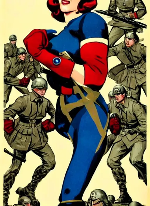 Image similar to beautiful female captain america standing on a pile of defeated, beaten and broken german soldiers. feminist captain america wins wwii. american wwii propaganda poster by james gurney and ralph bakshi. gorgeous face. overwatch.