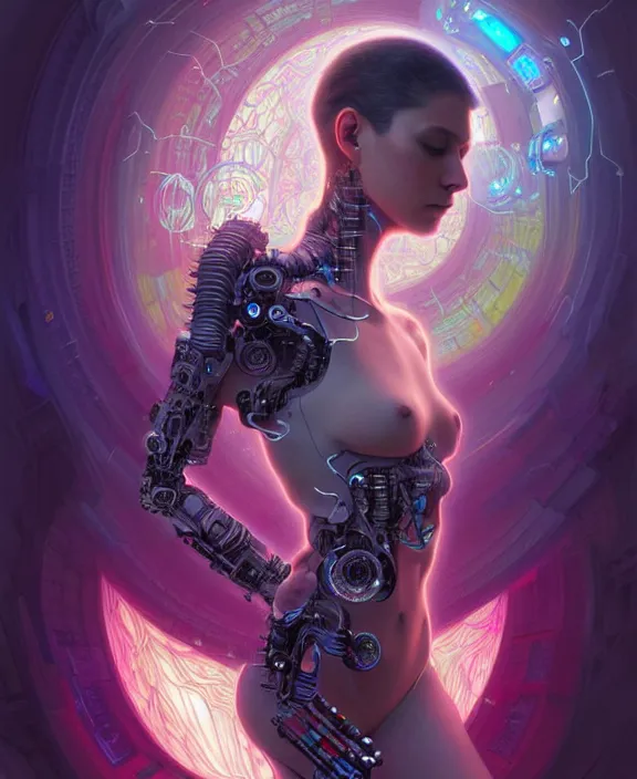 Image similar to a whirlwind of souls rushing inside the metaverse, hologram, half body, neurochip, shaved temple, piercing, jewelry, android, cyborg, cyberpunk face, by loish, d & d, fantasy, intricate, elegant, highly detailed, colorful, digital painting, artstation, concept art, art by artgerm and greg rutkowski and alphonse mucha