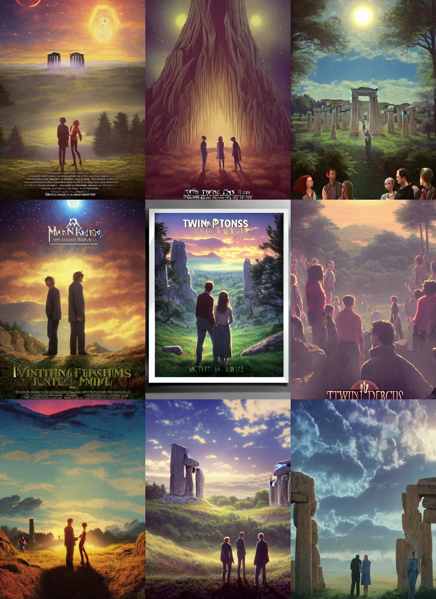 Prompt: Twin Peaks Buddy Movie poster at a music rave in stone henge, Rendering of a cinematic beautiful closeup moment of friends standing facing away from each other, Pensive Lonely, full of details, by Makoto Shinkai and thomas kinkade, Matte painting, trending on artstation and unreal engine Martin Aitchison,Robert Ayton,John Berry,Frank Hampson,Robert Lumley,William Murray, B.H. Robinson, Gerald Whitcomb,Harry Wingfield, Eric Winter, Sep. E. Scott