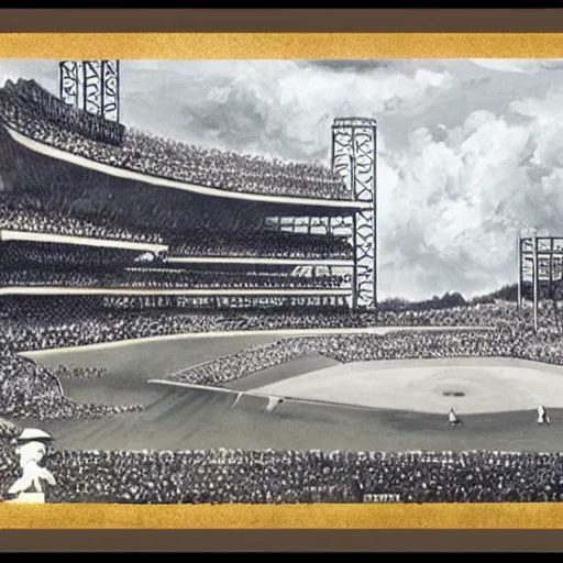 Prompt: baseball tidal wave over 1940s baseball park, concept art, by Takumi Park, surreal