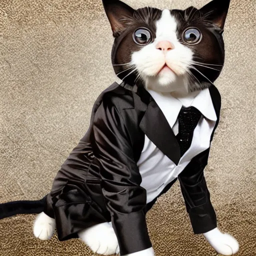 Image similar to a cat wearing a luxurious 3 piece suit