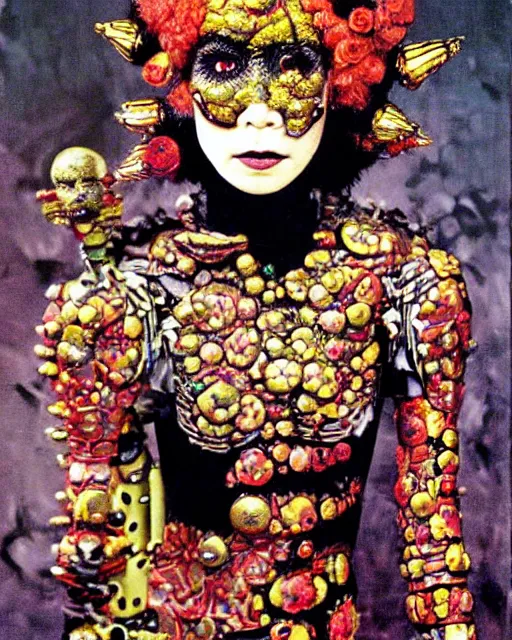 Image similar to portrait of a skinny punk goth yayoi kusama wearing armor by simon bisley, john blance, frank frazetta, fantasy, thief warrior, floral flowers colorful