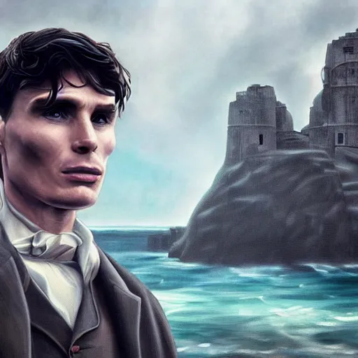 Image similar to Thomas Shelby cillian murphy standing in atlantis, digital art, photorealistic, highly detailed, realistic face, epic, fantasy, artstation