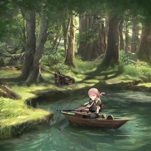 Image similar to y'shtola, final fantasy xiv, fishing in the forest, concept art, highly detailed, catgirl