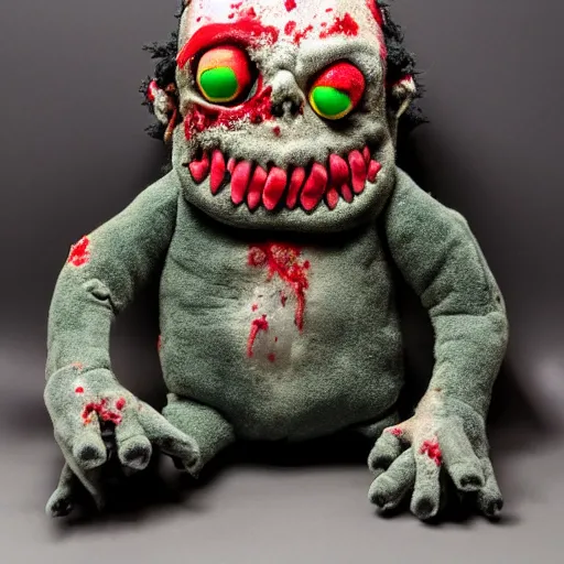 Prompt: a zombie plush. beautifully made, detailed, cute, soft. high quality, studio lighting, product image