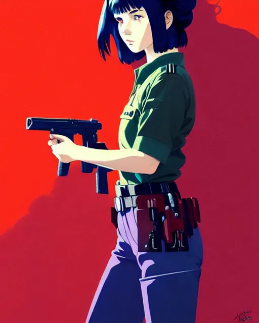 Image similar to girl wearing uniform, holding gun | | audrey plaza, fine detail!! anime!! realistic shaded lighting!! dramatic!! poster by ilya kuvshinov katsuhiro otomo ghost - in - the - shell, magali villeneuve, artgerm, jeremy lipkin and michael garmash and rob rey