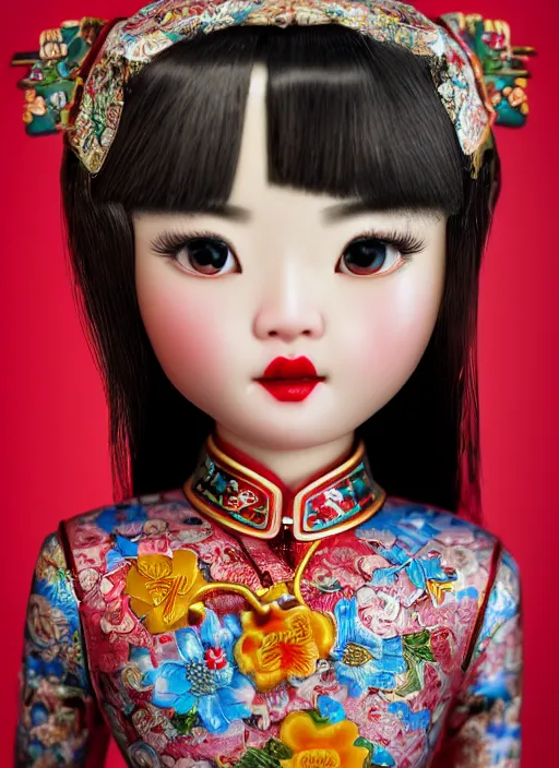 Prompt: closeup portrait of tin toy china cheongsam girl trap, depth of field, zeiss lens, detailed, symmetrical, centered, fashion photoshoot, by nicoletta ceccoli, mark ryden, lostfish, breathtaking, 8 k resolution, extremely detailed, beautiful, establishing shot, artistic, hyperrealistic, octane render