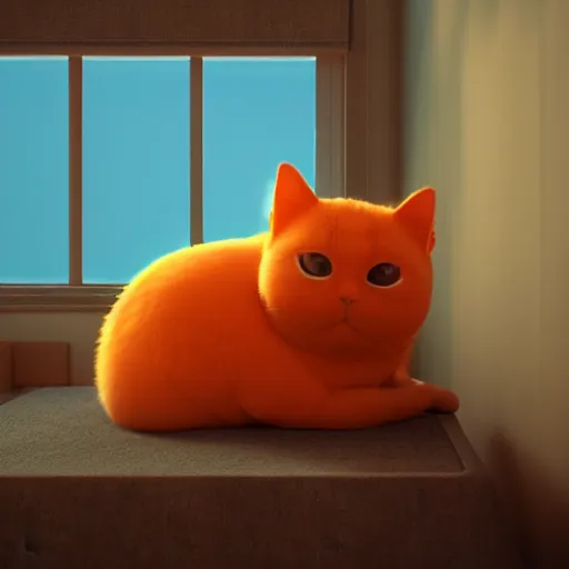 Image similar to A fat, cute orange cat in a beautiful room, cozy, octane render by Goro Fujita, details, lights, beautiful, 4K, 8K