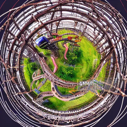 Prompt: a rollercoaster, tracks of barbed wire, birds eye view, hyperrealistic, fisheye