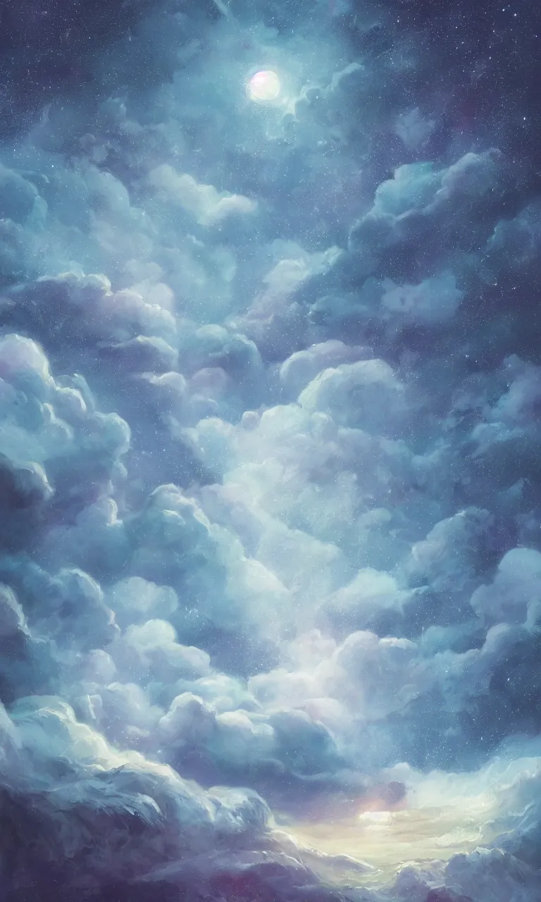 Image similar to a beautiful painting of ice age, starry sky, moon ， cloud, by liam wong and yuumei and yanjun chen, trending on artstation