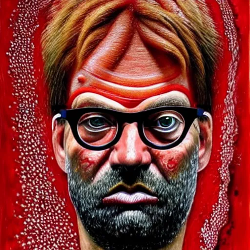 Image similar to jurgen klopp made of spaghetti and tomato sauce, by giuseppe arcimboldo and ambrosius benson, renaissance, intricate and intense oil paint, a touch of beksinski and hr giger and edward munch, realistic