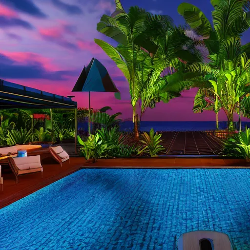 Image similar to a bar made with translucid fabric, swimming pool in front, parametric, blue hour, hyperrealistic, elevation, vray, unreal engine, lush tropical plants