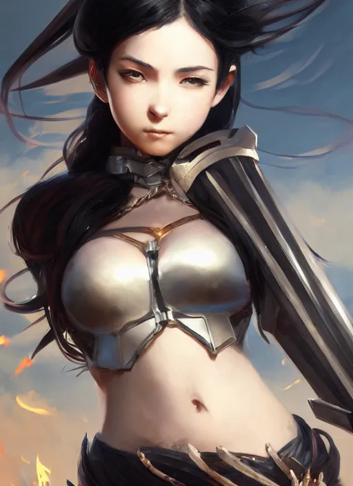 Image similar to Portrait of Anime girl with black hair, she is carrying a burning sword with two hands, wearing metal armor around her chest and waist, realistic, detailed, 4k by Greg Rutkowski Mark Arian trending on artstation