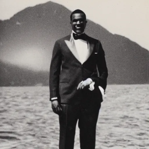 Image similar to vintage photo of a black man wearing a black suit in front of rio de janeiro