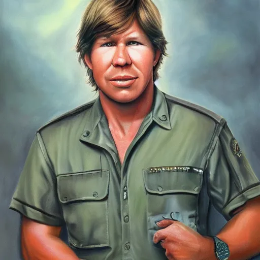 Prompt: a symmetrical portrait of a steve irwin, oil painting, pale colors, high detail, 8 k, wide angle, trending on artstation,