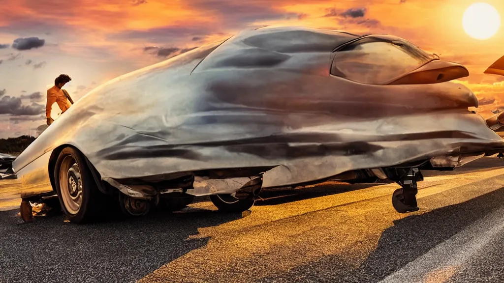 Prompt: movie still of a man laying on top of a car driving on the runway of an airport, sunset, golden hour