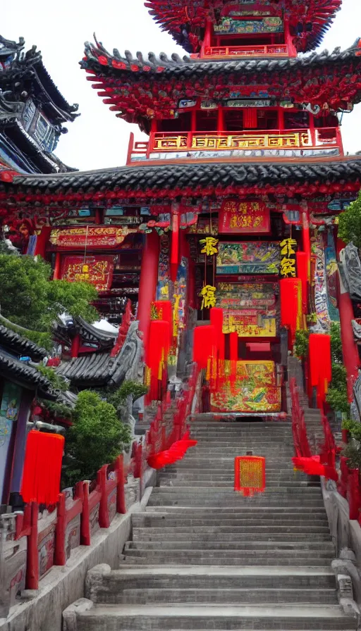 Prompt: a chinese temple with cyberpunk enhancements
