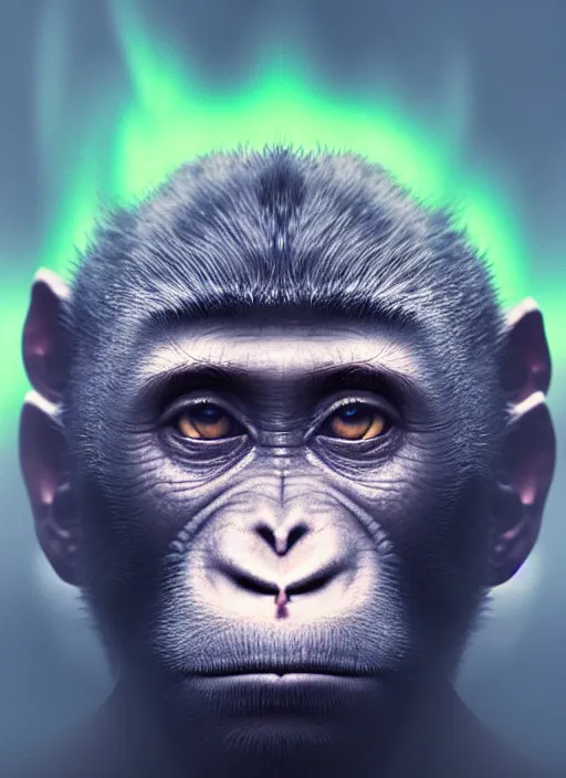 Image similar to an ethereal, misty portrait of a monkey whose face is accented with neon - toned glowing eyeliner. the makeup floats off his face and joins swirling clouds of smoke and fog, becoming an aurora. muted tones. surreal portrait, cinematic lighting, 8 k, smooth, sharp focus, digital painting, rendered in octane, painted by tom bagshaw, artgerm