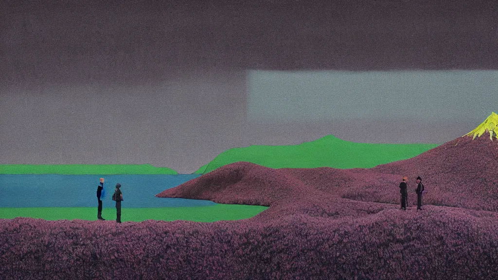 Image similar to hokkaido natural landmark, a collage painting, in the style of wes anderson, lola dupre, david hockney, isolated on negative space background dark monochrome neon spraypaint accents volumetric octane render