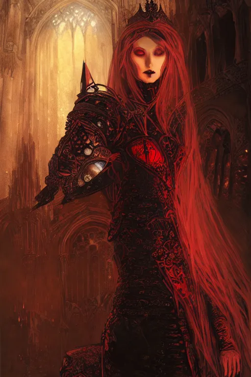 Image similar to beautiful luxury and gothic and victorian and evil medieval female reddish and black color armor knight portrait+smoky eyes+light flowing hair, in ruin gothic cathedral, ultradetail face, art and illustration by tian zi and craig mullins and WLOP and alphonse mucha, fantasy, intricate complexity, human structure, fantasy world concept, watermark, blurry, hyperrealism 8k