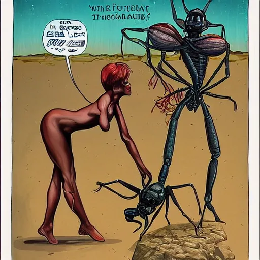 Image similar to “women caught in the act of feminism, misinterpreted as a man, from an aliens perspective, in the mind of an ant, caught in 4K, hyper realistic”