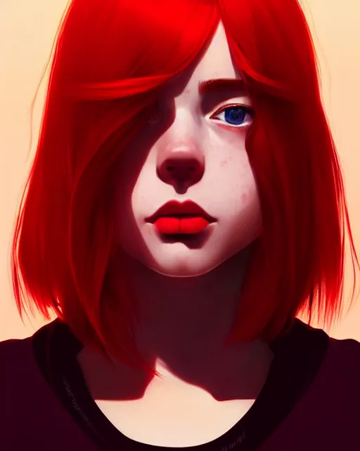 Prompt: a detailed portrait of a pretty!!!! woman with red hair and freckles by ilya kuvshinov, digital art, dramatic lighting, dramatic angle