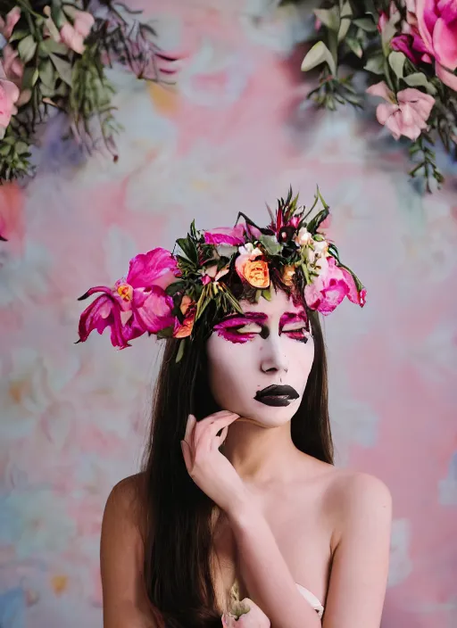 Image similar to a creative portrait of a beautiful female model, beauty shot, floral headpiece, floral painted backdrop, photography, creative makeup, face paint, female character, canon eos r 3, f / 1. 4, iso 2 0 0, 1 / 1 6 0 s, 8 k, raw, unedited, symmetrical balance, in - frame