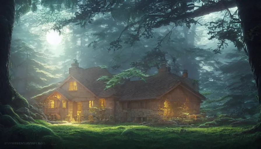 Image similar to A highly detailed matte painting of cottage in a dark forest, by Studio Ghibli, Makoto Shinkai, by Artgerm, by beeple, by Greg Rutkowski, volumetric lighting, octane render, 4K resolution, trending on artstation, masterpiece