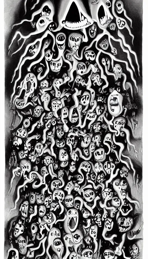 Image similar to a storm vortex made of many demonic eyes and teeth, by charles addams