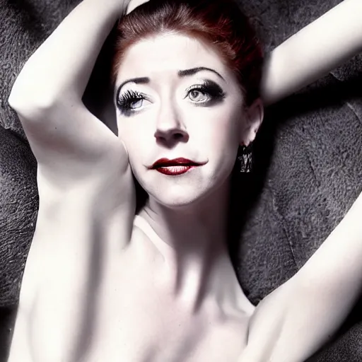 Prompt: a fashion photo portrait of a young Alyson Hannigan, full makup, smokey eye, medium shot. In the style of Helmut newton, robert maplethorpe, Stefano Brunesci, Lachlan Bailey, Herb Ritts, Ellen Von Unwerth, Haris Nukem, Sardax, Annie Leibovitz. detailed photo, hd, 4k, trending on artstation, 35mm, f1.8