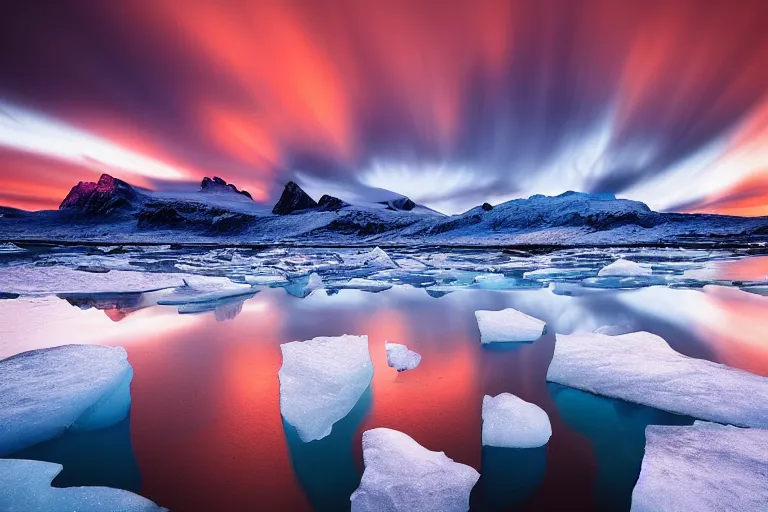 Image similar to moody landscape photography by marc adamus, greenland, sunset, ice