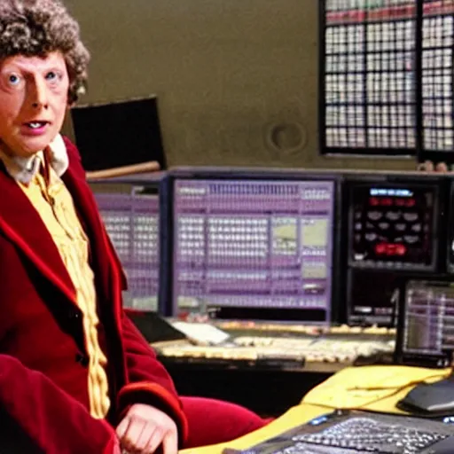 Image similar to Tom Baker as as the Doctor in his burgundy costume in the Tardis secondary control room