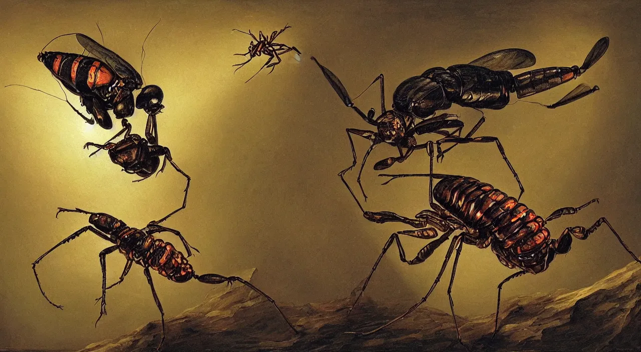 Prompt: a enormous biomechanical firefly, attacking a 7 monkeys that are riding giant ants, by most renowned artist of the romanticism, hiperrealism,