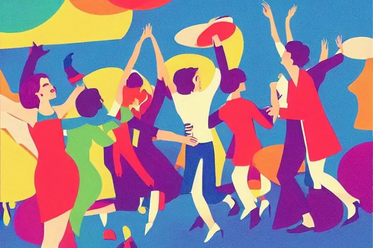 Prompt: “Colorful illustration of a party with people dancing in luxurious modern mid century house. Fun. Retro advert style.”