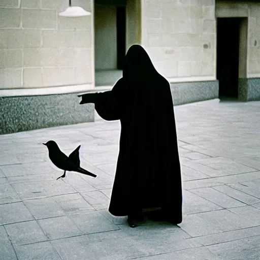 Prompt: man in black hooded cloak holds a bird, kodak vision 3 500t