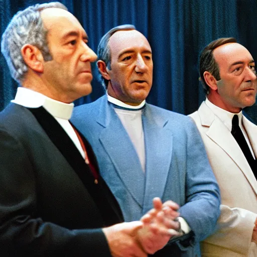 Image similar to jeffery epstein, bill cosby, and kevin spacey dressed up as catholic priests, speaking to a congregation in church, 8 k, realistic.