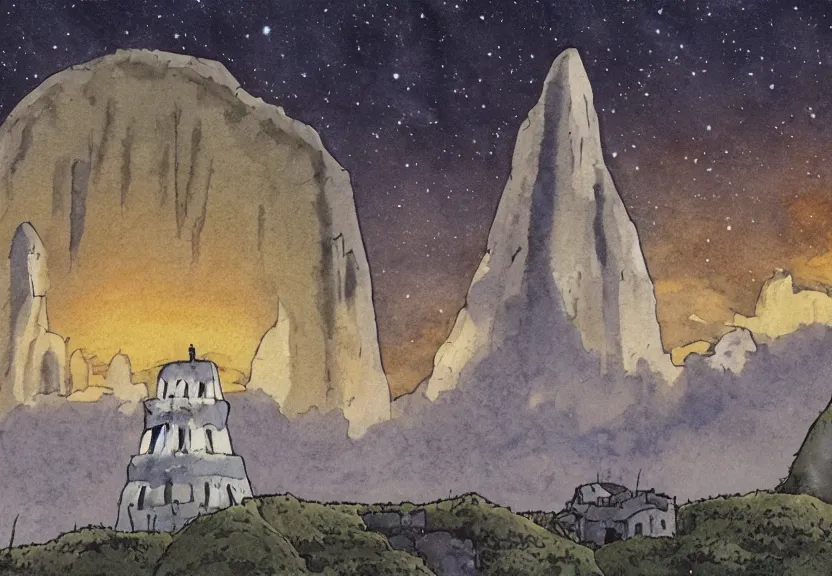 Image similar to a cell - shaded watercolor concept art from a studio ghibli film showing one giant grey alien. a temple is under construction in the background in machu pichu on a misty and starry night. by studio ghibli. very dull muted colors