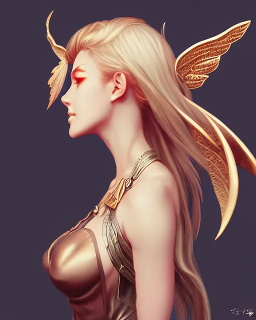 Prompt: 3 / 4 view of woman with wings, confident pose, pixie character, genshin impact, intricate, elegant, sharp focus, illustration, highly detailed, concept art, matte, artgerm, anime, trending on artstation