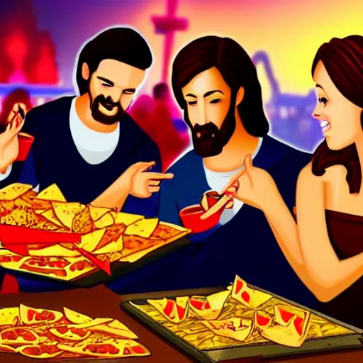 Image similar to jesus and his disciples having a fun dinner at an arcade splitting nachos