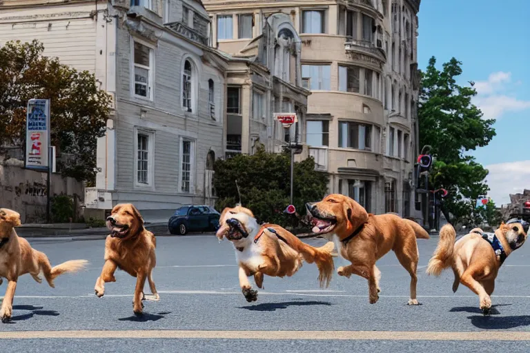 Prompt: dogs running down the street chasing the post office vehicle, wide shot, side viewpoint