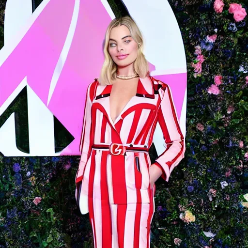 Image similar to Margot Robbie wearing Gucci at a fashion show