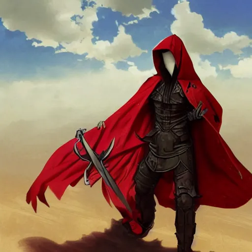 Prompt: shadow warrior holding twin swords, male villian, full body worn out torn cape, red hoodie, worn out clothes, floating spiral sand, desert, full body shot, anime style, 90's modern art, art by artgerm and greg rutkowski and alphonse mucha