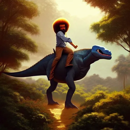 Image similar to bob ross!!! riding!!! a dinosaur!!, giant afro!, model pose, ultra realistic, concept art, intricate details, highly detailed, photorealistic, octane render, 8 k, unreal engine. art by artgerm and greg rutkowski and alphonse mucha