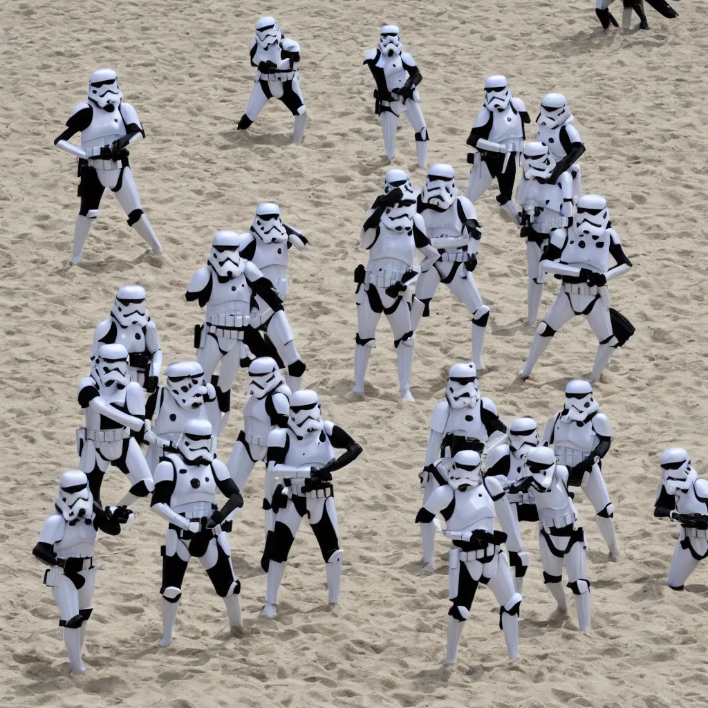 Prompt: a group of imperial stormtroopers playing beach volleyball