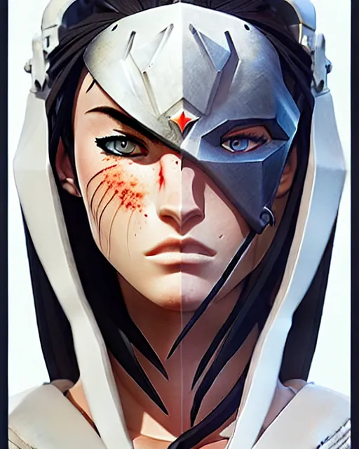 Image similar to azctec warrior, megan fox, detailed perfect face, exquisite details, fire magic, mid view, design on a white background, by studio muti, greg rutkowski makoto shinkai takashi takeuchi studio ghibli