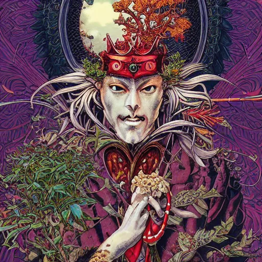 Prompt: portrait of crazy king of hearts with vegetation around, symmetrical, by yoichi hatakenaka, masamune shirow, josan gonzales and dan mumford, ayami kojima, takato yamamoto, barclay shaw, karol bak, yukito kishiro