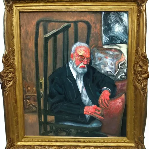 Prompt: macabre magic realism portrait old man sitting in chair : : oil painting by ivan albright